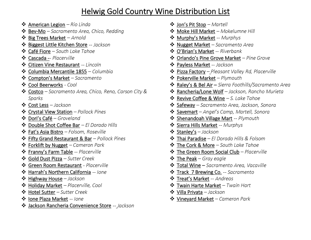 Helwig Gold Country Wine Distribution List